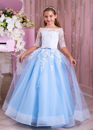 Off Shoulder White Lace Blue Tulle Pearls Embellished Flower Girl Dress